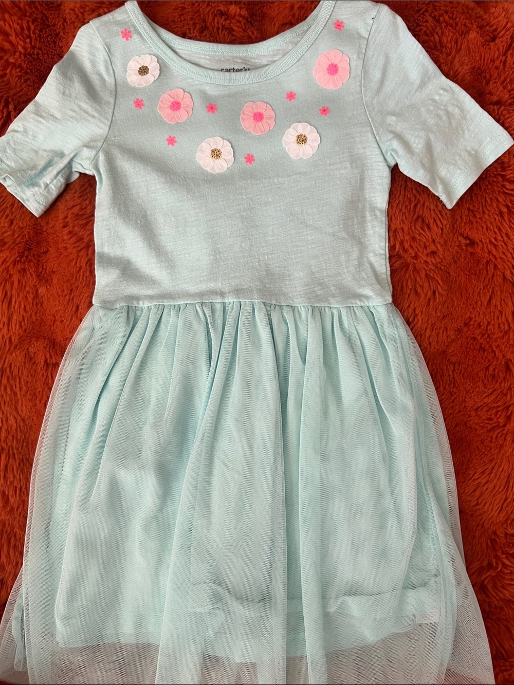 Carter's Light Aqua Tulle Dress with Pink & White Floral Appliqués